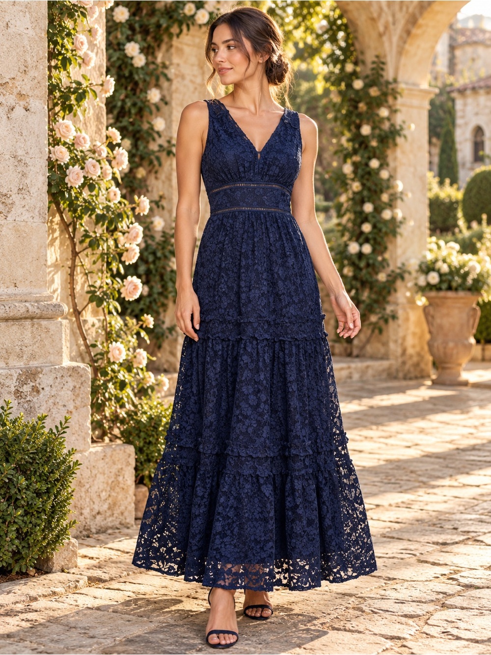 Koko & Mason Navy Blue Lace Open Back V Neck Maxi Dress Size Medium NEW